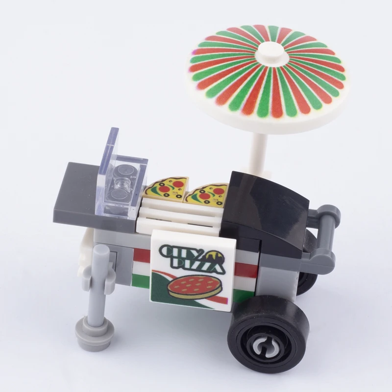 MOC Food Stall Building Blocks Call Box Toilet City Street View Pizza Hot Dog Ice Cream Trolley DIY Flower Bed Church Bricks Toy