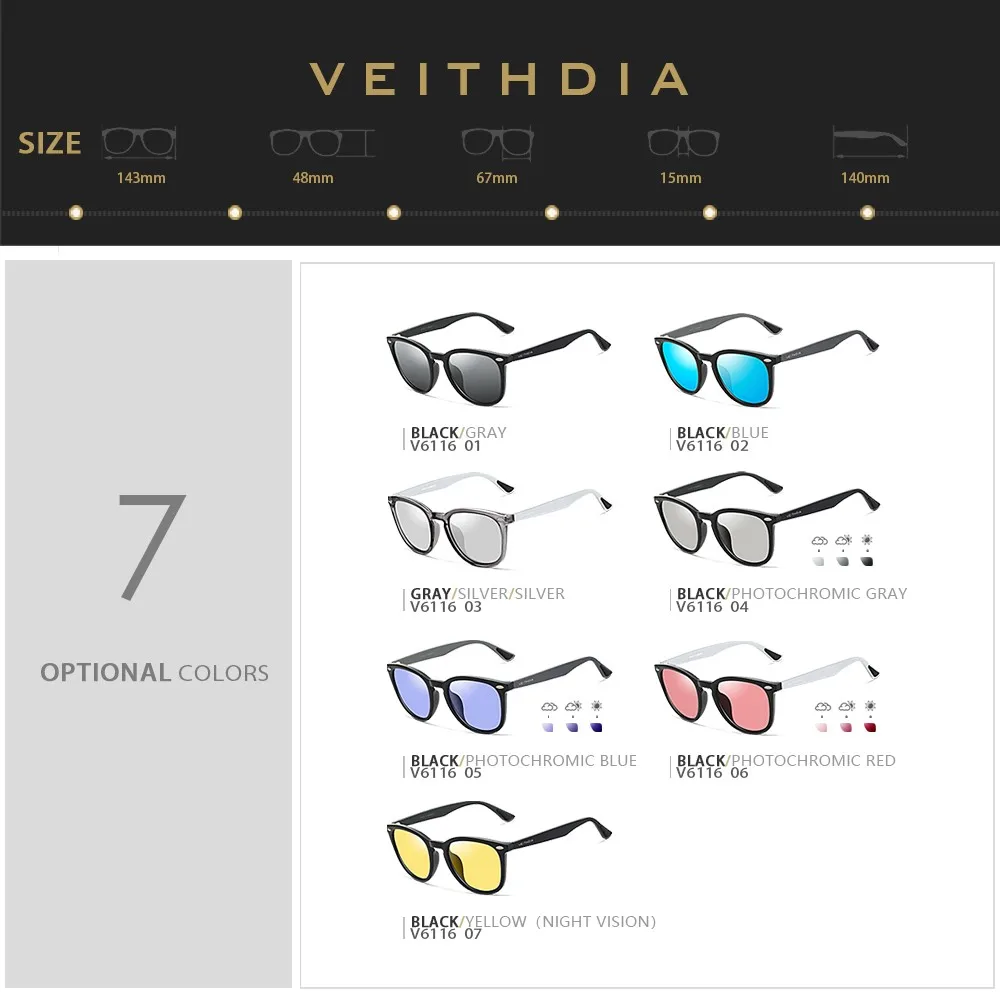 VEITHDIA Sunglasses Unisex Aluminum+TR90 Men\'s Photochromic Mirror Sun Glasses Eyewear Accessories Fashion For Men Women 6116