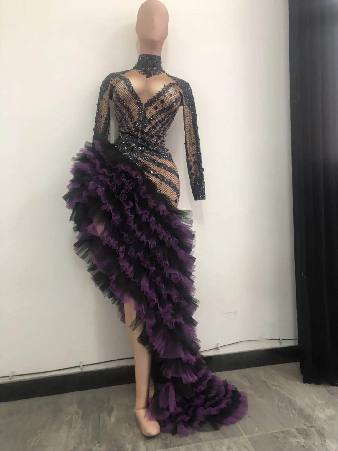 European Court Asymmetric Crystal Mesh Tiered Dress Women Rhinestone Party Evening Long Dress Singer Latin Dance Stage Costumes