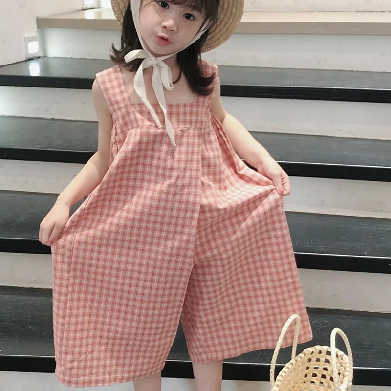 Girls\' Summer Rompers Plaid Sling Korean Jumpsuit 2022 Fashion New Wide Leg Pants Baby Kids Clothes Children\'S Clothing