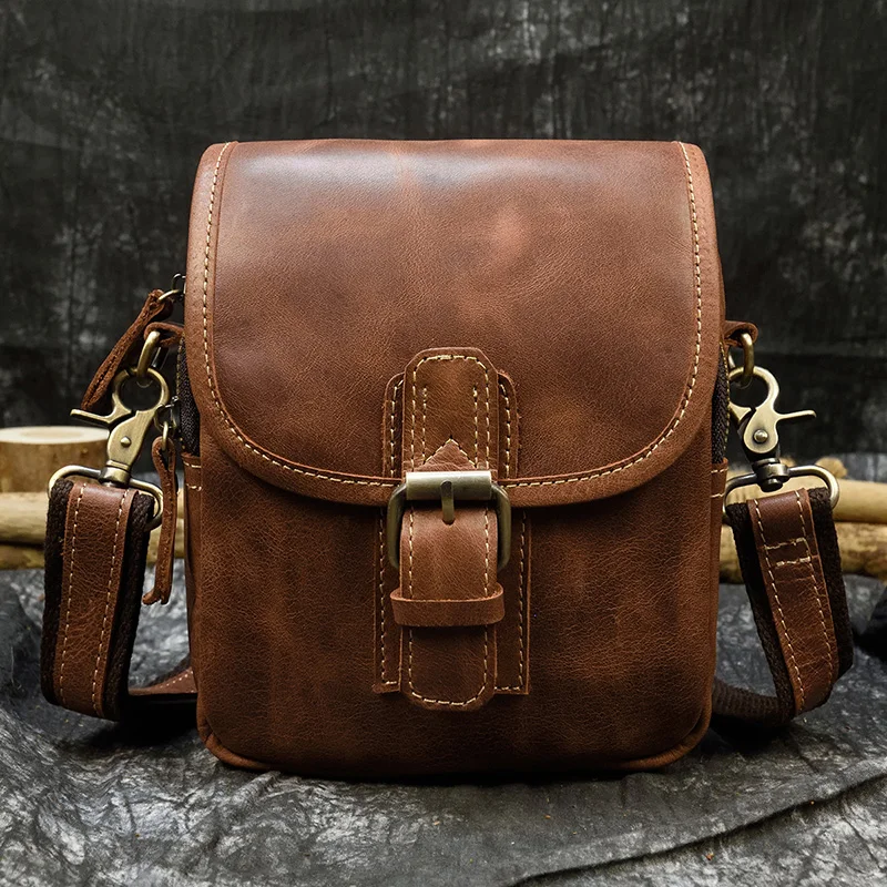 Men's Genuine Leather Waist Bag 2 Use Wow Leather Small Messenger Bag Cowhide Fanny Waist Pack Real Leather Shoulder Bag Brown