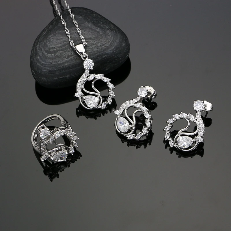 

Натуральный белый CZ Белый Кристалл 925 Серебряный набор украшений для женщин серьги с камнями Кольцо Кулон ожерелье набор