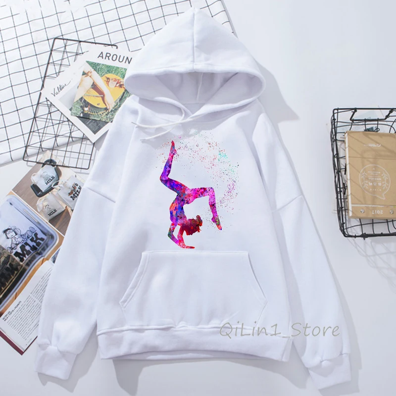 Watercolor Gymnastics Girl Design Harajuku Kawaii Hoodie Hat Sweatshirt 90s Tumblr Clothes Women Sports Gymnast Print Hoodies