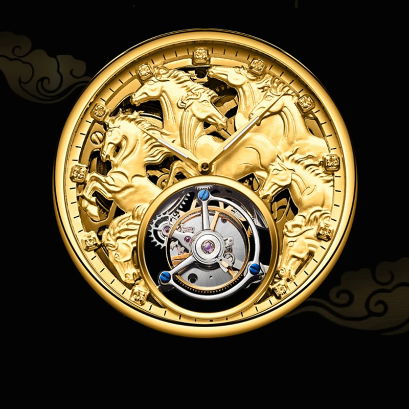 Aesop Flying Tourbillon Mechanical Watch For Men Eight Horses Stylish Waterproof Wristwatch 7007 Stylish Skeleton Dial Luxury A