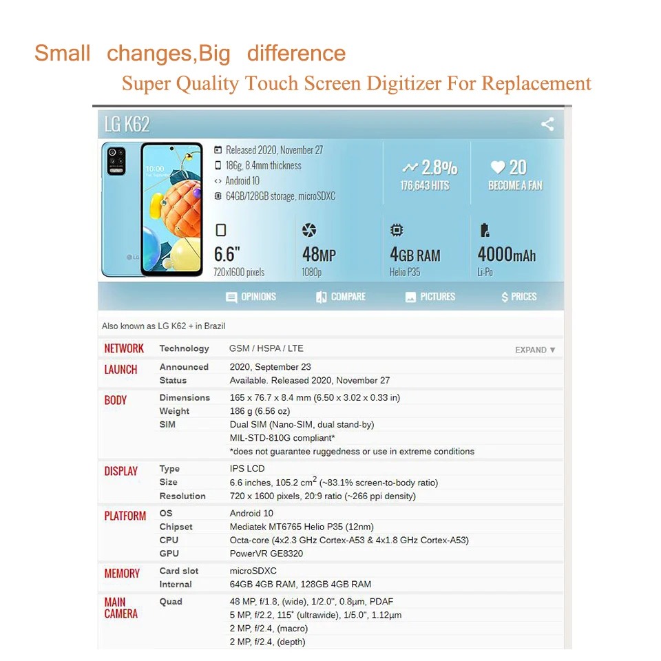 LCDタッチスクリーンパネル,前面ガラス,接着剤付き,LG k42, k52, k62, k62, 10ピース/ロット