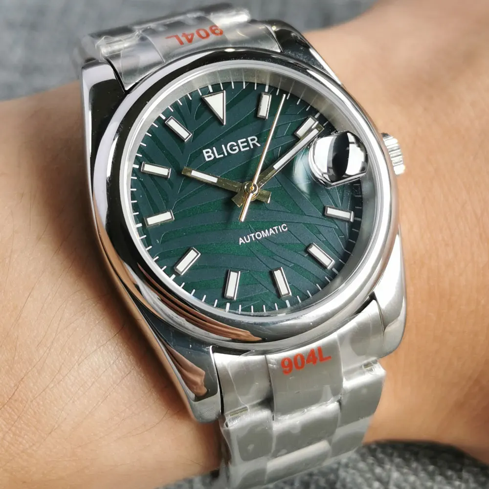 

36mm/39mm Automatic Men's Watch Dark Green Palm Dial Sapphire Glass Polished Bezel 24 Jewels NH35A Movement Luminous