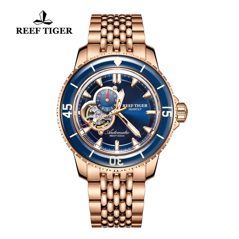 Reef Tiger/RT Luxury Dive Watch For Men Rose Gold Bracelet Automatic Watches Luminous Watch Waterproof 200m Mechanical Watches