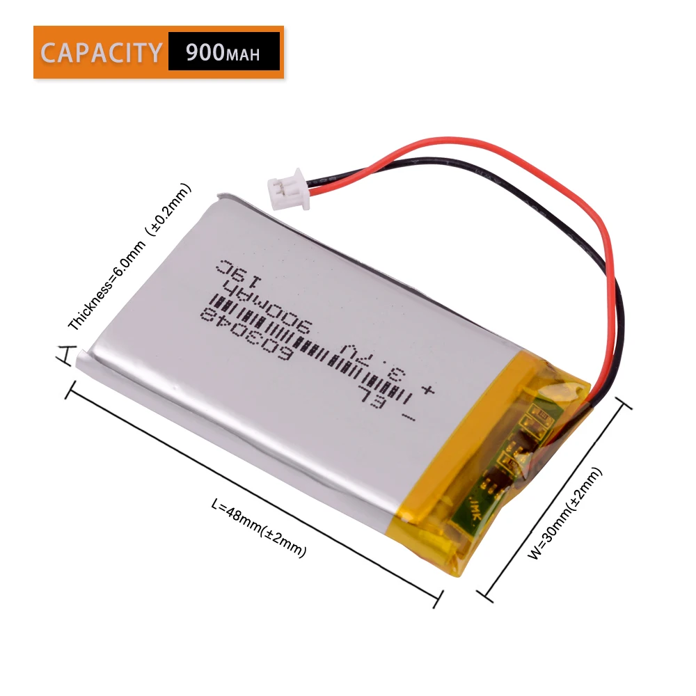 JST 1.25mm 2pin złącze 3.7V 900mAh litowo-polimerowa LiPo akumulator 603048 do kamera bluetooth Mp3 MP4 GPS