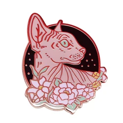 Sphynx with flowers badge hairless cat pin witchy Gothic cute alternative Emo jewelry