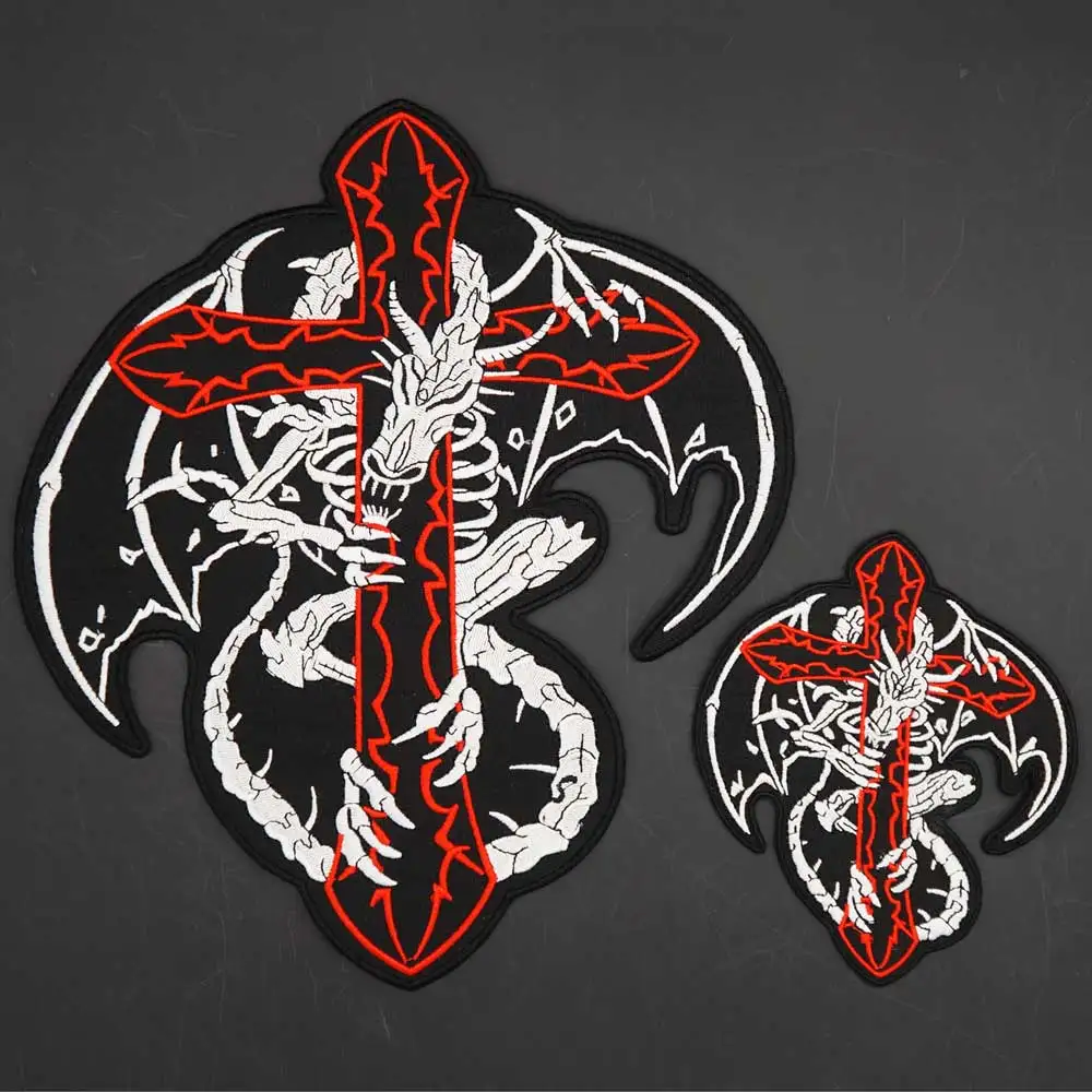 Red Cross Dragon Large Size Embroidered Punk Biker Patches Clothes Stickers Apparel Accessories Badge