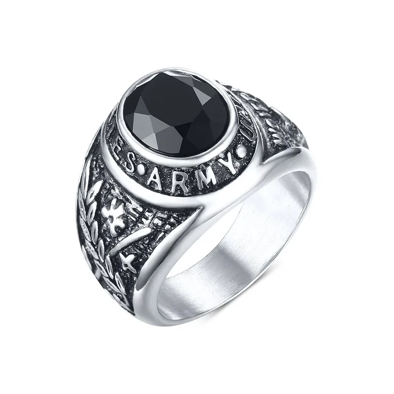 Heavy Punk Men Big Army Rings for Men Stainless Steel Black/Red Stone Party Ring Men University Ring Soldiers Jewelry R497G