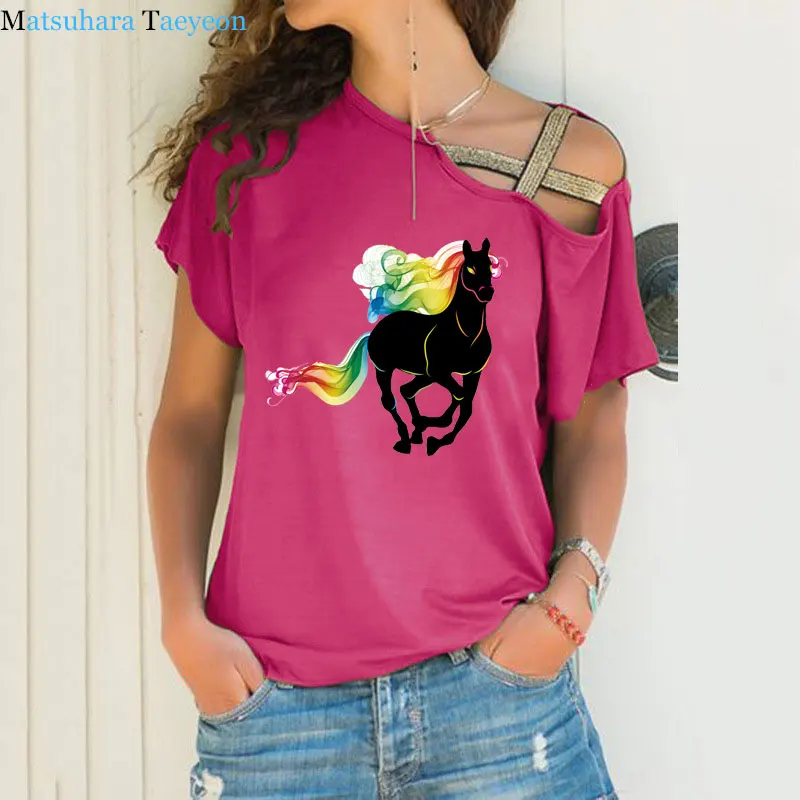 

Fashion Creative Colorful Horse Print Women Tshirt Casual Summer Harajuku T Shirt Irregular Skew Cross Bandage Femme Vintage Top