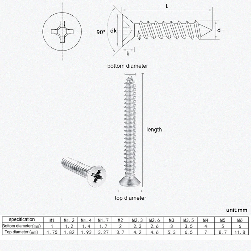 20/55pcs Cross Recessed Countersunk Flat Head Self-tapping Screw M3 M3.5 M4 M5 M6 Stainless Steel Phillips Screw Furniture Screw