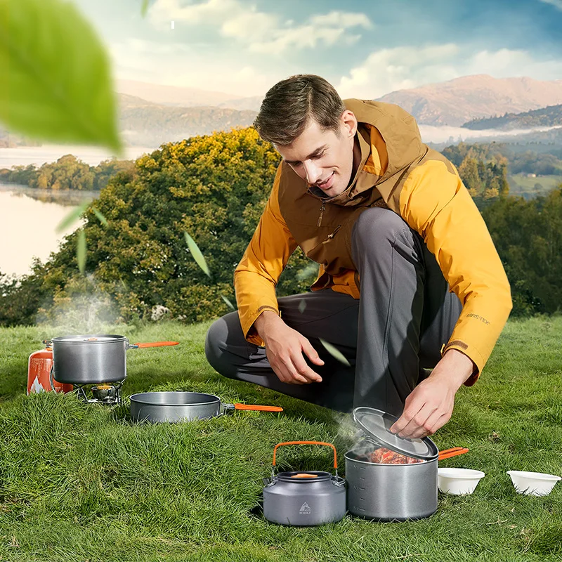 Hewolf Outdoor Cookware Set Picnic Cookware Set for 4-5 People Camping Teapot Tourism Portable Aluminum Alloy Cookware Set