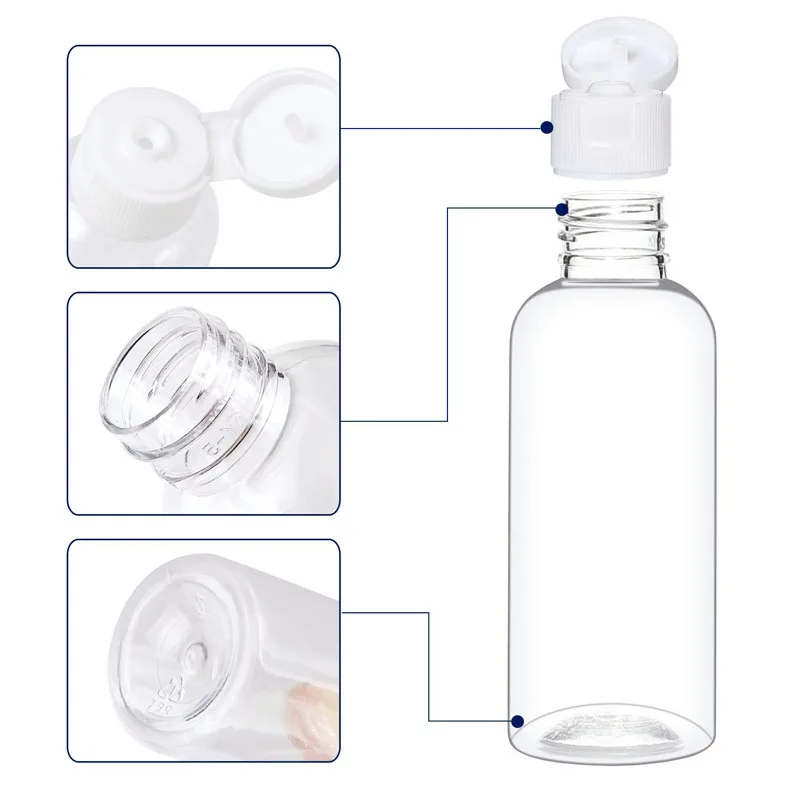 50Pcs 10-120ml Plastic PET Flip Lid Lotion Bottle Wholesale Clear Cosmetic Sample Container Mini Travel Fill Vials Liquid Bottle