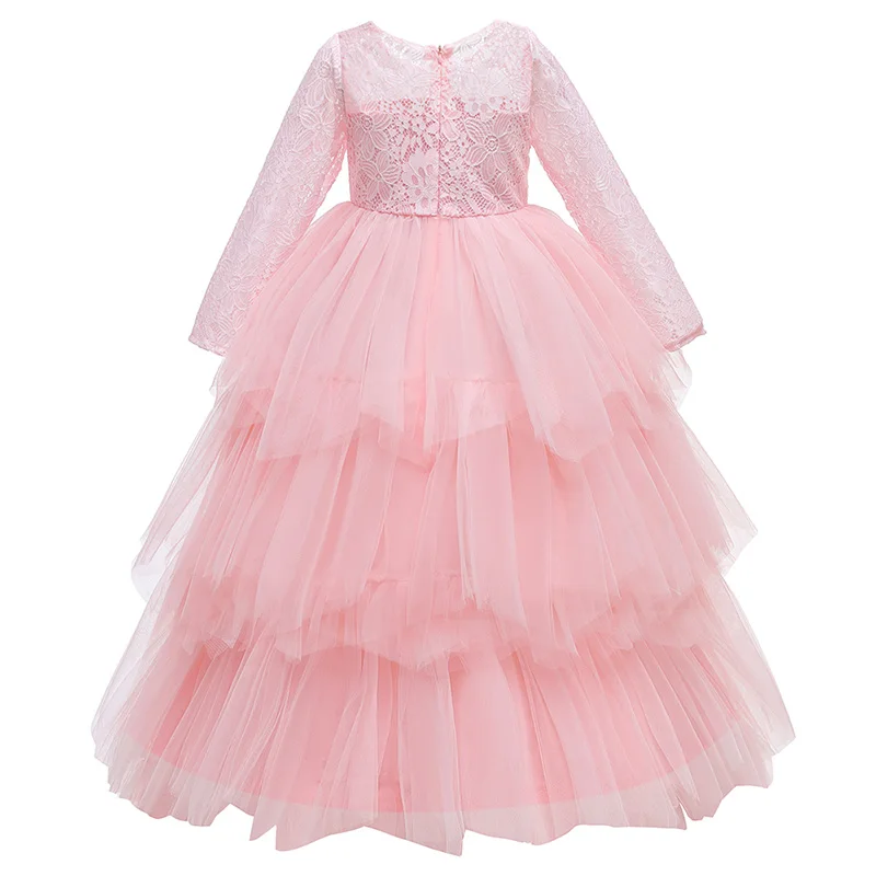 Christmas Kids Pink White Bridesmaid Dress Girls Children Costume Long Sleeve Princess Vestido Flower Party Gown Evening