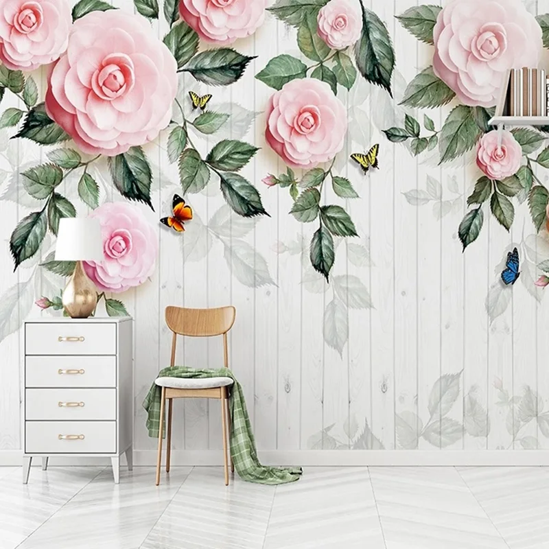 

Custom Self-Adhesive Waterproof Mural Wallpaper 3D Stereo Pastoral Flowers Wood Board Wall Painting Living Room Stickers Tapety