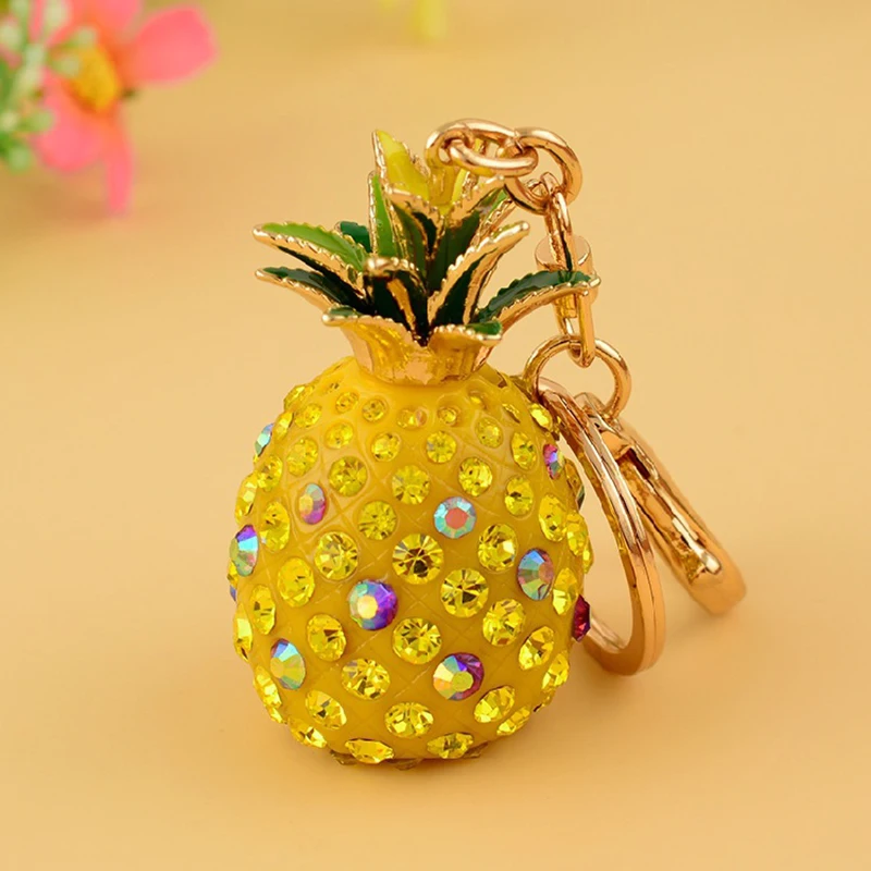 Fine bag car keychain female Korea high-end cute full inlaid cubic zirconia pineapple car key pendant small gift rhinestone