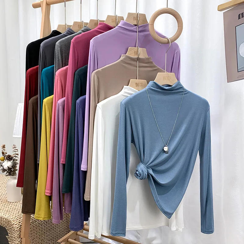 New Women Summer Tshirt  knitting Tee Shirt Full Sleeve Loose Skinny Turtleneck Tops Streetwear Women Autumn Shirts Tops 