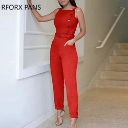 Sleeveless Solid Color Button Design Jumpsuit