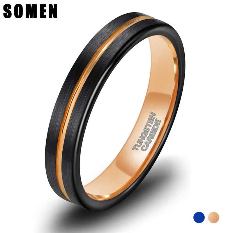 Somen Unisex Tungsten Ring Blue/Rose Gold Color Wedding Bands 4mm dla mężczyzn Kobiety Cienki rowek Dwukolorowy pierścionek zaręczynowy