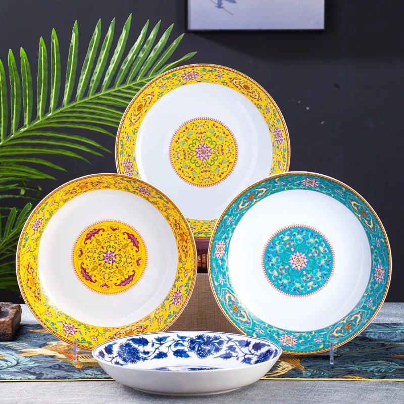 10 inch Home Dinner Plate Jingdezhen Ceramic Food Plates Big Disk Chinese Palace Style Tableware Blue and White Porcelain Plates