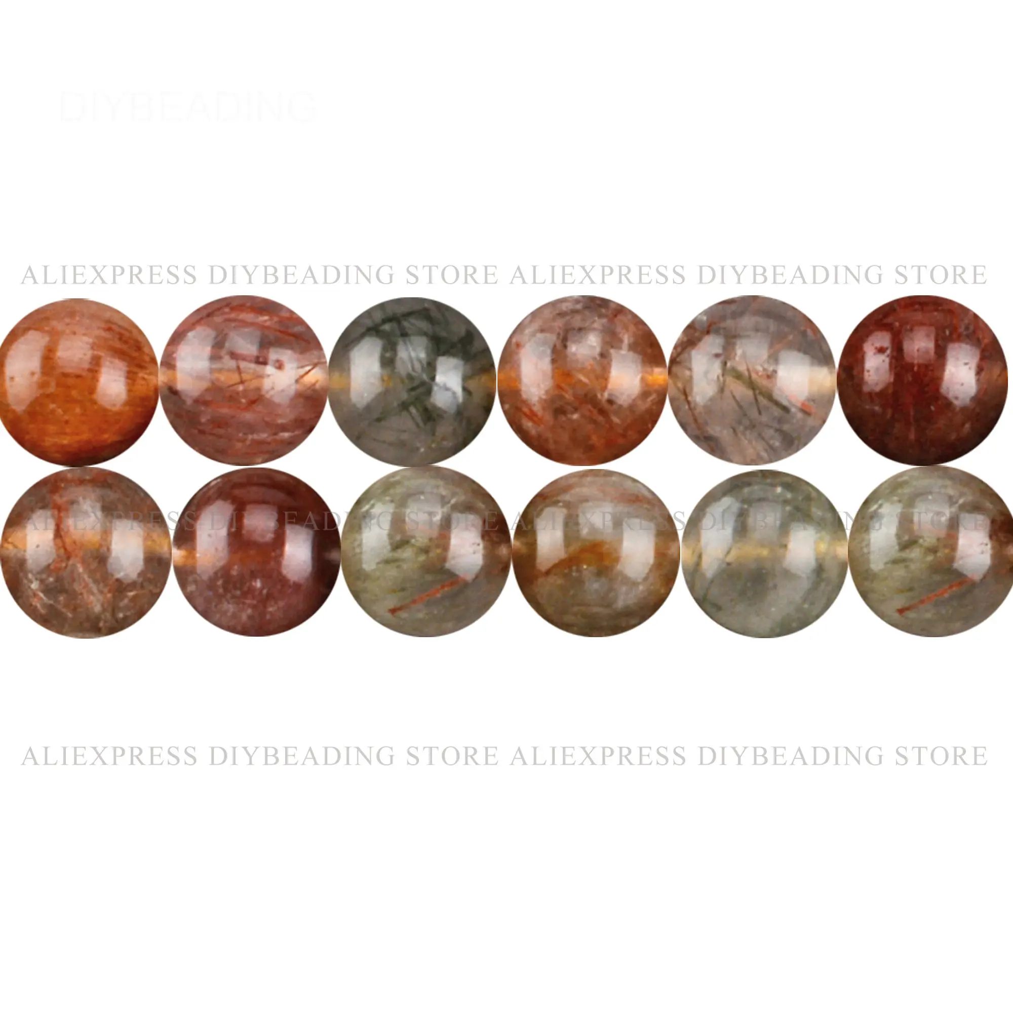 Natural Rutilated Quartz Healing Stone and Crystal Smooth Round Beads for Bracelet Earring Making Red and Green Mixed Color