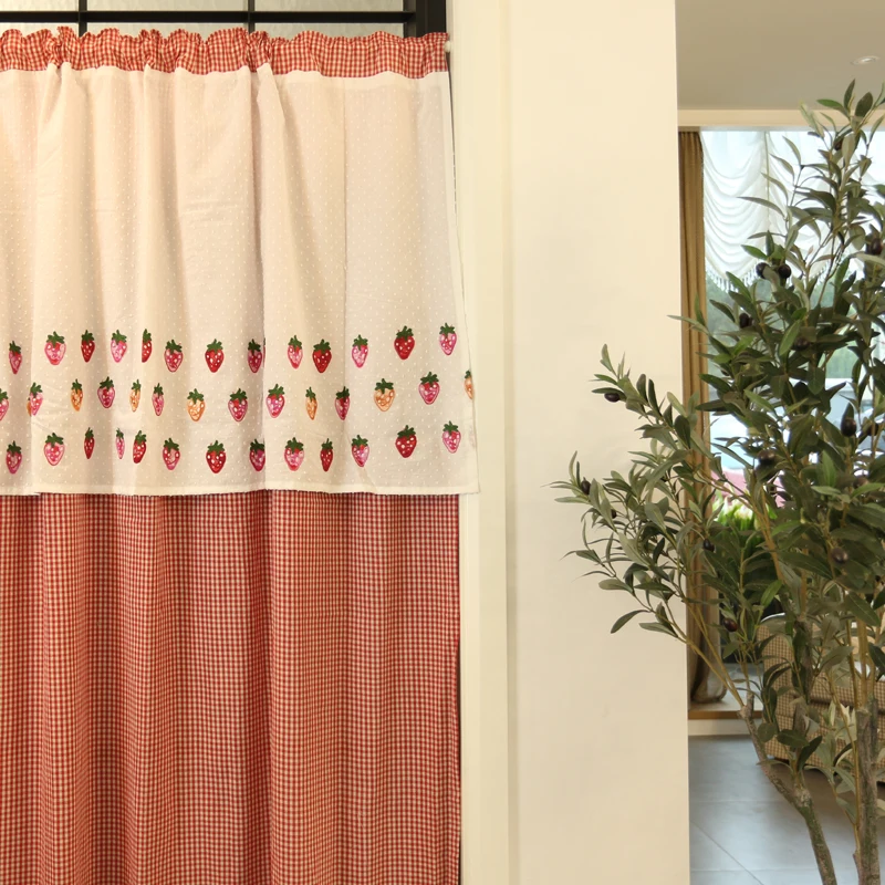 

Strawberry curtain small red grid curtain door curtain partition curtain American country wear rod free punch