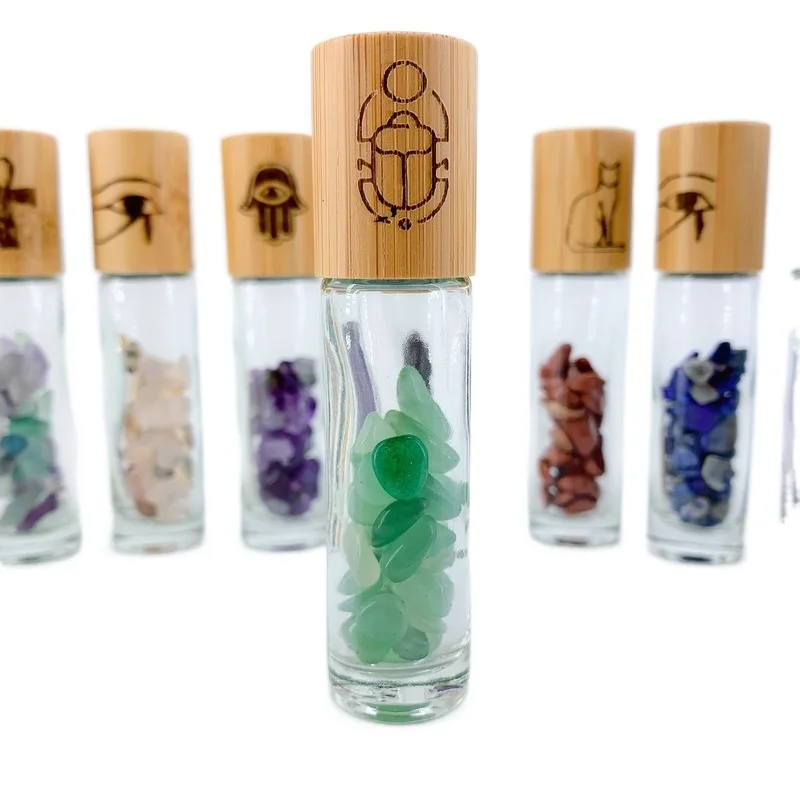 Quartz Gemstone Roller Bottle with Natural Bamboo Wood Lid Essential Oil Bottle Cross Cat Hamesh Hand Pattern 10pcs/lot  P289