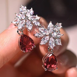 Huitan Gorgeous Women Wedding Dangle Earrings Red Water Drop Cubic Zirconia Noble Bridal Marriage Party Earring Trendy Jewelry