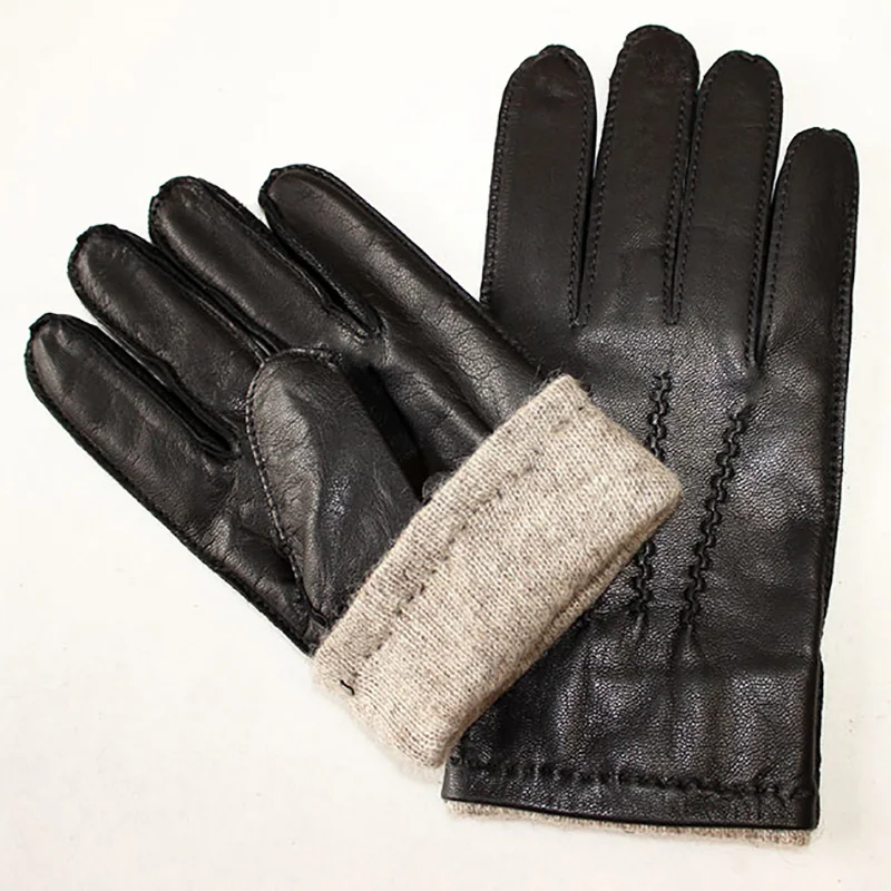 Guantes de piel de oveja de cuero para hombre, guantes de piel de cabra importada de alta gama, estilo de costura exterior, forro de lana, guantes