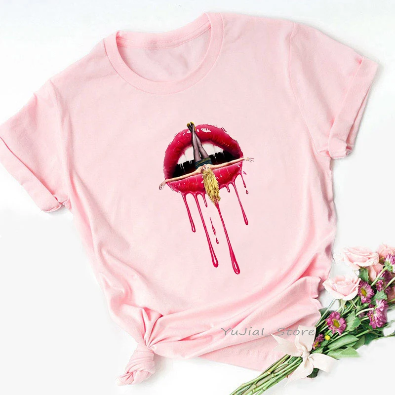 Promising Young Woman Tshirts Sexy Lips Makeup T Shirt Femme Cool T-Shirt Tumblr Clothes Harajuku Shirt Summer T-Shirt