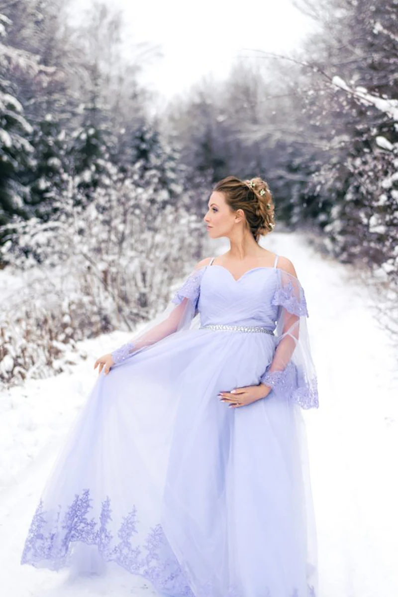 Light Purple Tulle Sleepwear Maternity Dresses Long Sleeve Off Shoulder Lace Appliques Custom Made Robes For Photography