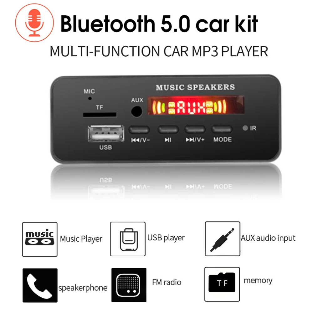 With Microphone Bluetooth 5.0 Handsfree 5V-12V MP3 Decording Board Module TF card slot 3.5mm USB AUX FM Radio audio Adapter