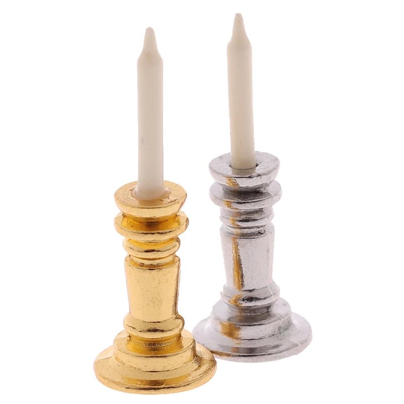 1:12 Dollhouse Miniature Candle Vintage Golden Silver Metal Holder Stick Dollhouse Furniture Accessories Children Toys