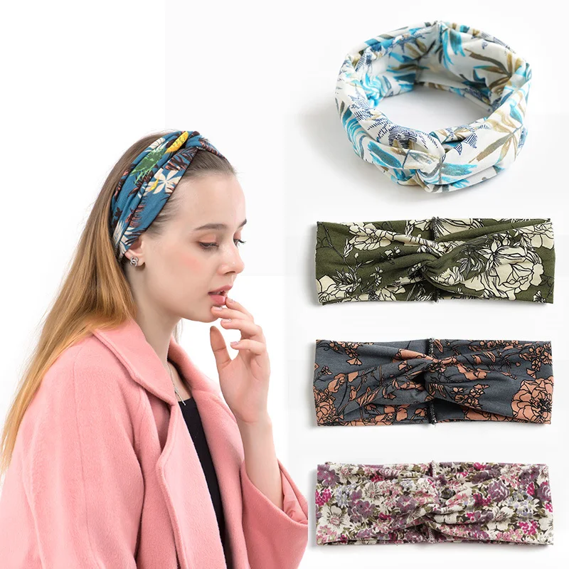 

2021 Women Floral Print Summer Bohemian Headband Turban Wrap Hair Bands Print Vintage Cross Bandage Bandanas Hair Accessories