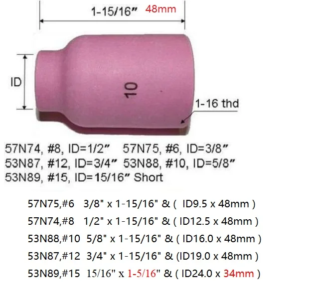 TIG Gas Lens Alumina Nozzle Ceramic Cups Large 53N series Fit SR DB WP 9 17 20 18 26 TIG Welding Torch (53N88#10 5/8\