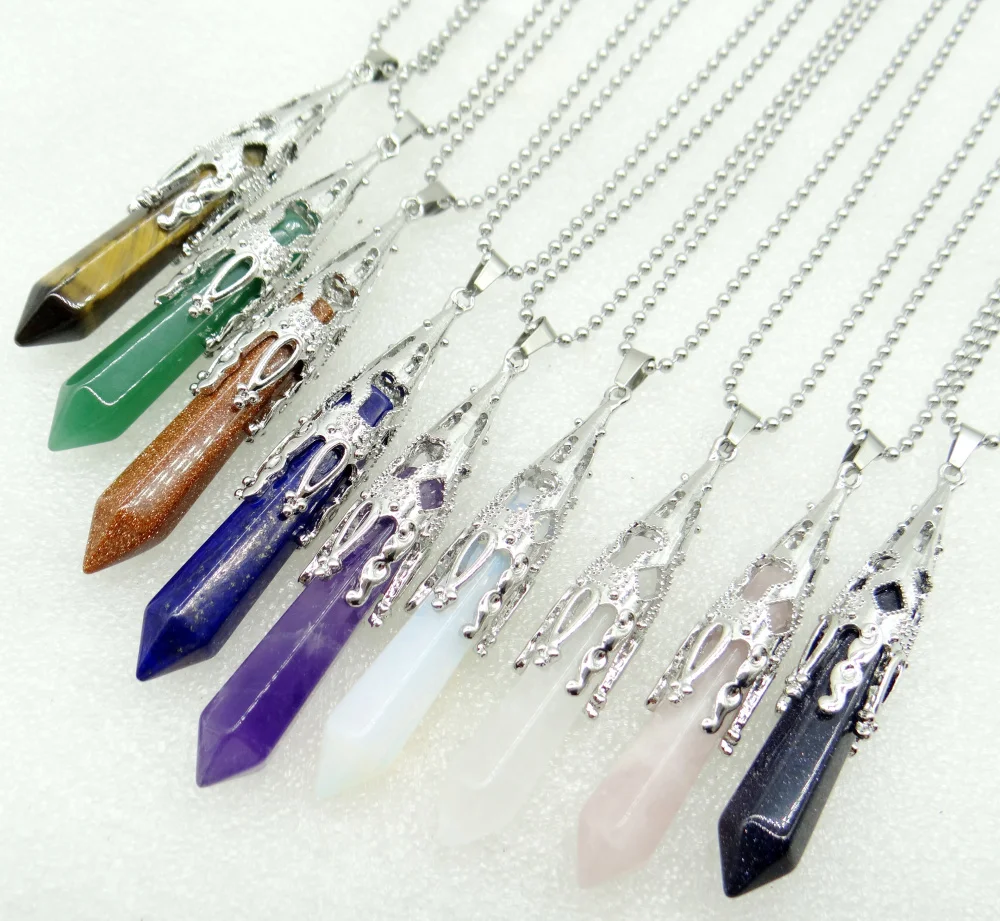 New Arrival Jewelry Silver Color Faceted Natural Stone Crystal Quartz lapis Opal Pendulum Hexagon Suspension Pendant Necklace