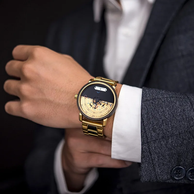 BOBO BIRD Men Automatic Mechanical Watch Wood Wristwatches Transparent Backcover Golden Timepieces Chronograph erkek kol saati