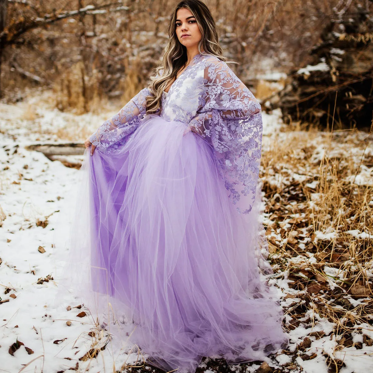 Abito da ballo in pizzo floreale lavanda abito da ballo in Tulle gonfio A strati scollo A v maternità una linea maniche lunghe lunghezza del pavimento abito da festa