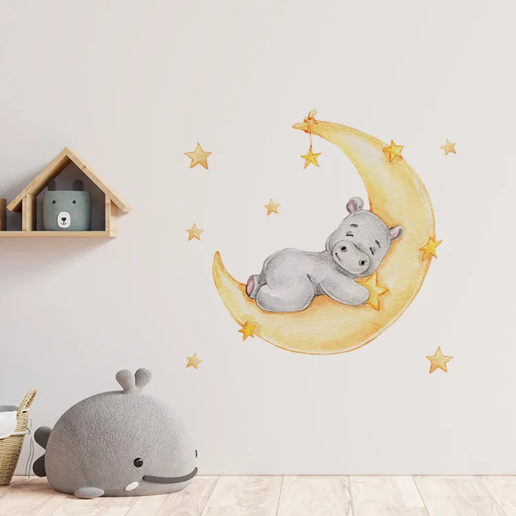 Cartoon-Wandaufkleber mit Mond und Nilpferd für Kinder, Babyzimmer, Dekoration, Zuhause, Wohnzimmer, Hintergrund, Wandbild, Tiere, Verschönerung der Tapete – Detail 5