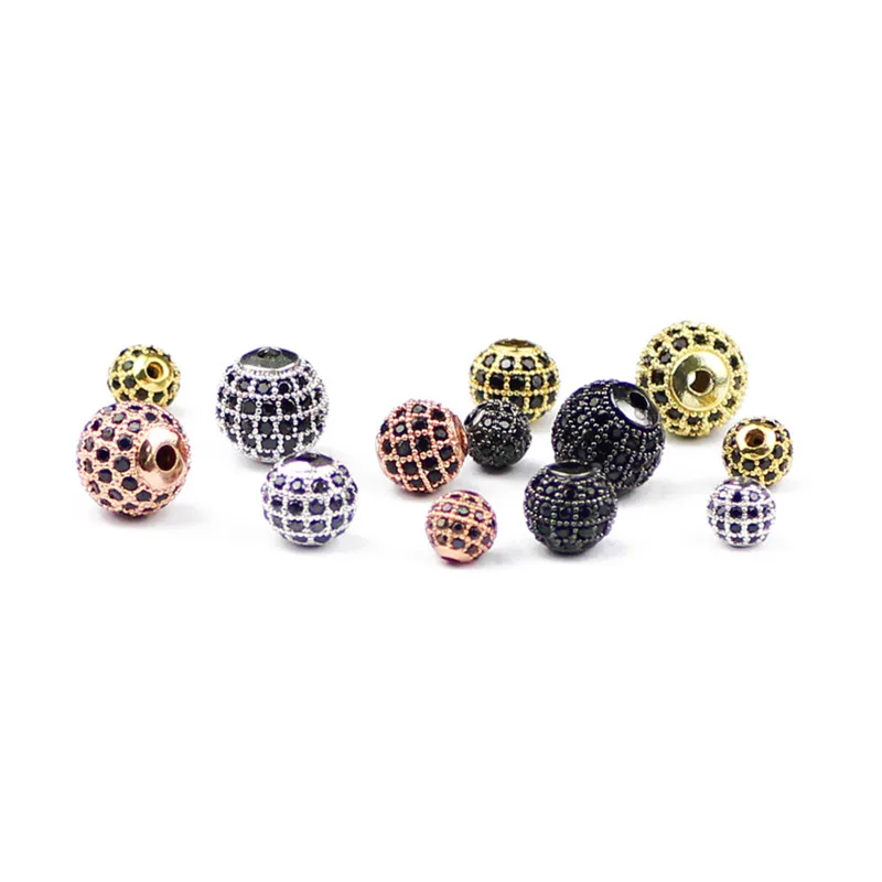 4pcs/lot 6mm/8mm/10mm Luxury Micro Pave Black Zircon Charms Spacer loose bead Round Ball Shape for Bracelet Making Jewelry DIY