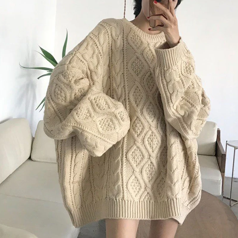 

Size 4XL 120KG Autumn Winter Knitted Sweater O Neck Long Sleeved Loose Womens Sweater Oversized Warm Female Pullovers