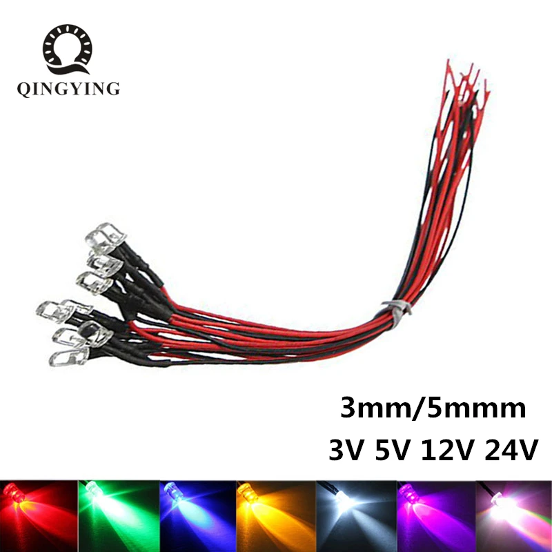 50pcs 3V 5V 12V 24V DC 3mm 5mm Water Clear LED Diodes Red/Green/Blue/Yellow/UV/Orange/Pink/Warm/White/RGB Pre-Wired 20cm Cable