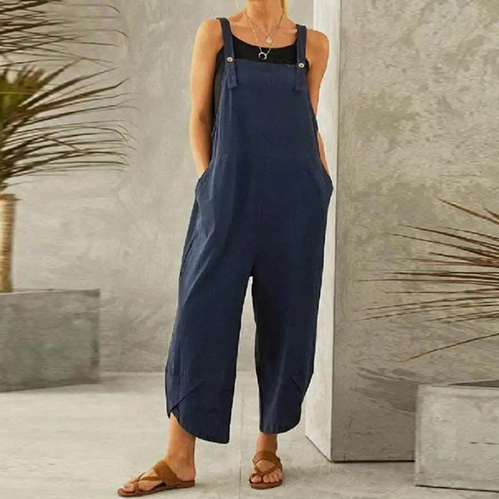 Jumpsuit Fashion Wanita Baru Musim Panas Jumpsuit Saku Tali Bahu Longgar Tanpa Lengan Kepribadian Warna Solid