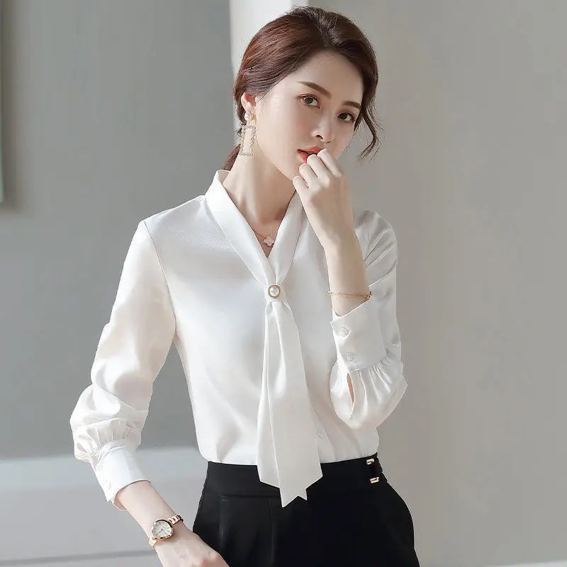 Bow Beading Elegant Chiffon Shirt Office Lady Fashion Casual All-match Blouse Commuter Basic Solid V-Neck Chic Women\'s Blouses