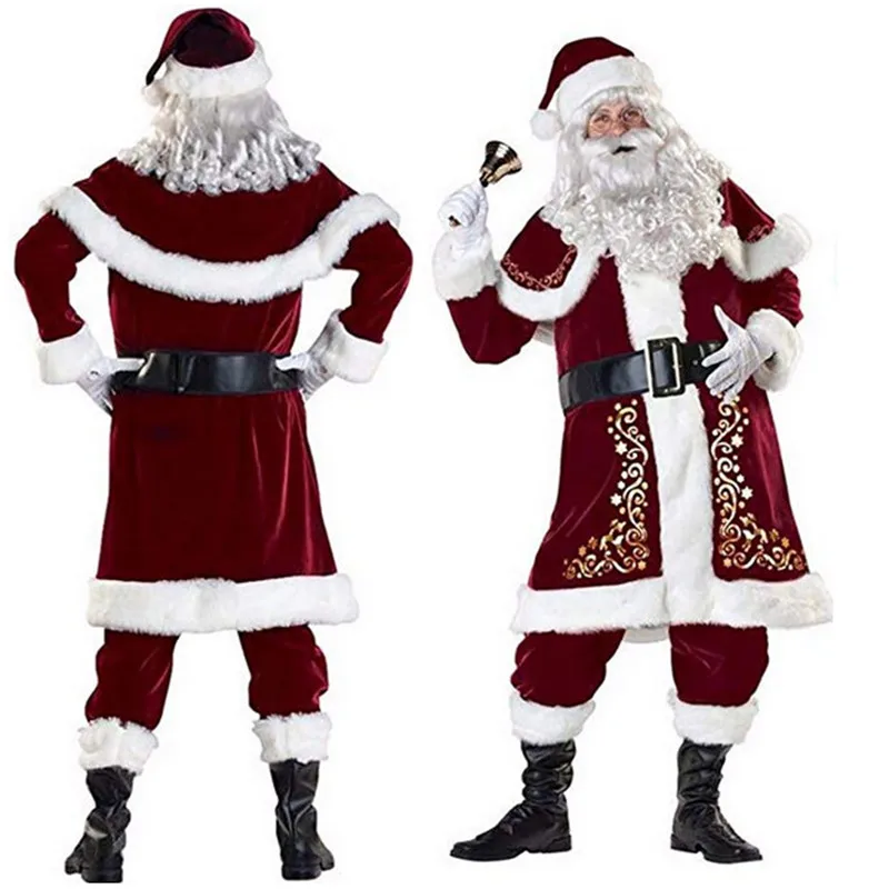 Xmas Santa Claus Suit Adult Christmas Cosplay Costume Red Deluxe Velvet Fancy 9pcs Set Xmas Party Man Costume S-XXL