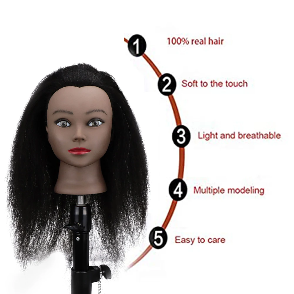 Afro Mannequin Heads Hairdresser Training Manikin With 100% Human Hair Cosmetology Hair Manikin Head For Practice Styling Braid