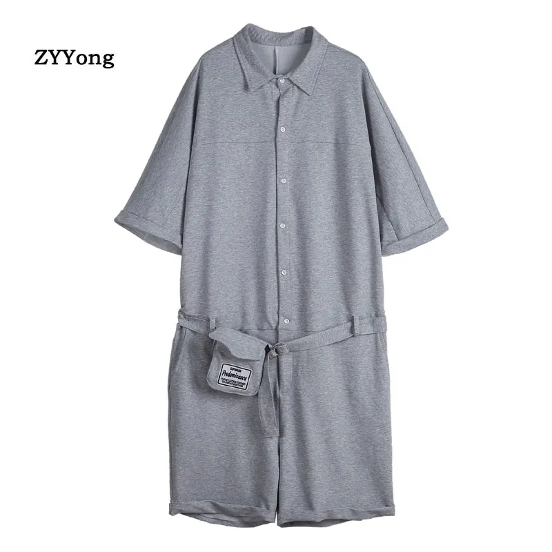 Summer 2020 Fashion Men Solid Gray Color Romper Short Sleeve Casual Man Jumpsuit Male Overalls One Piece Slim pants