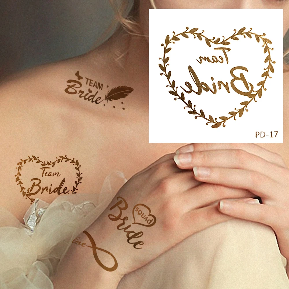 10pcs Golden Bride Wedding Temporary Tattoos Metallic Armband Glass Tattoo Bacheelorette Party Marrige Arrow Love Tatoos Supplie